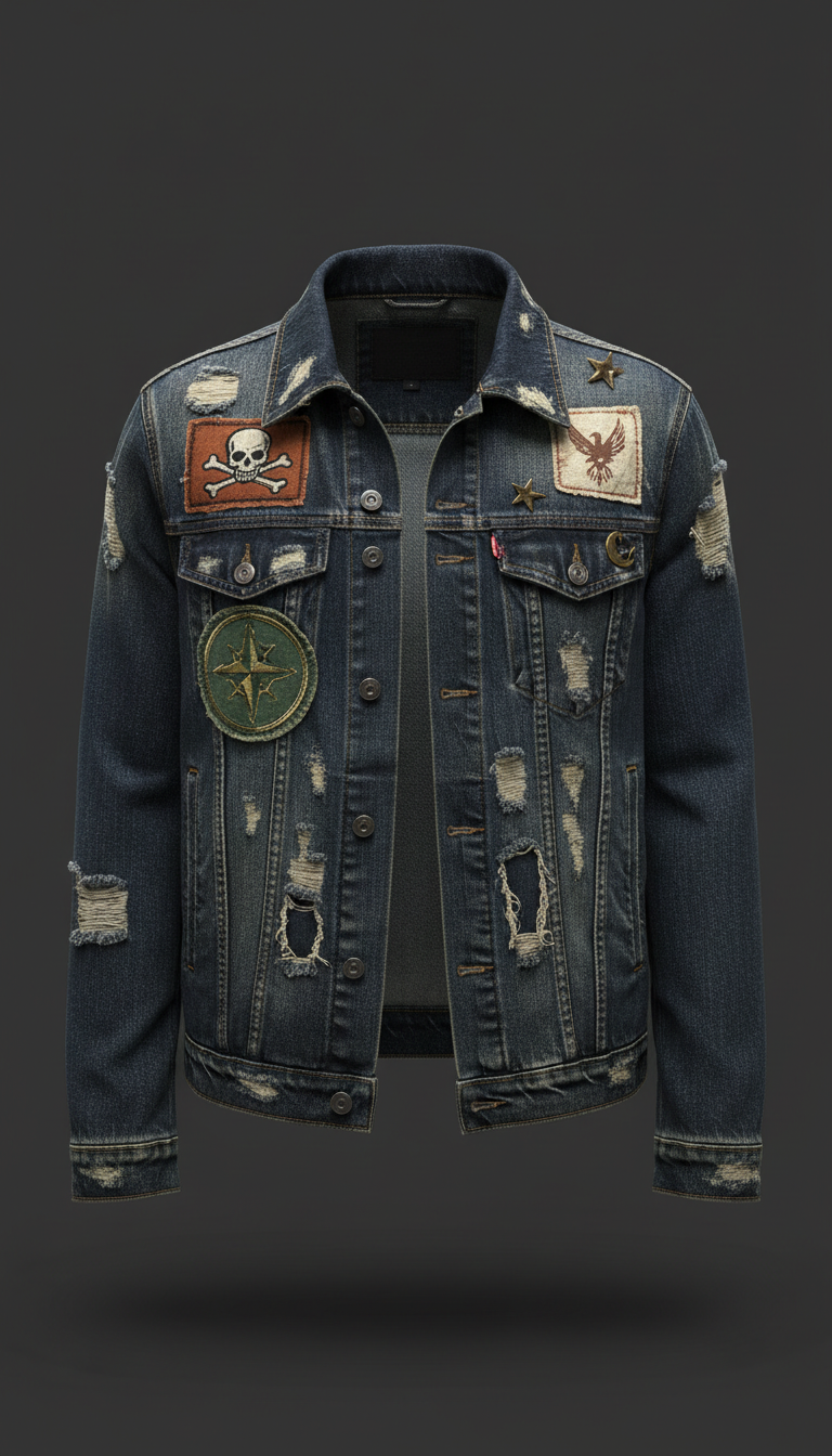 Distressed Denim Jacket With Badges